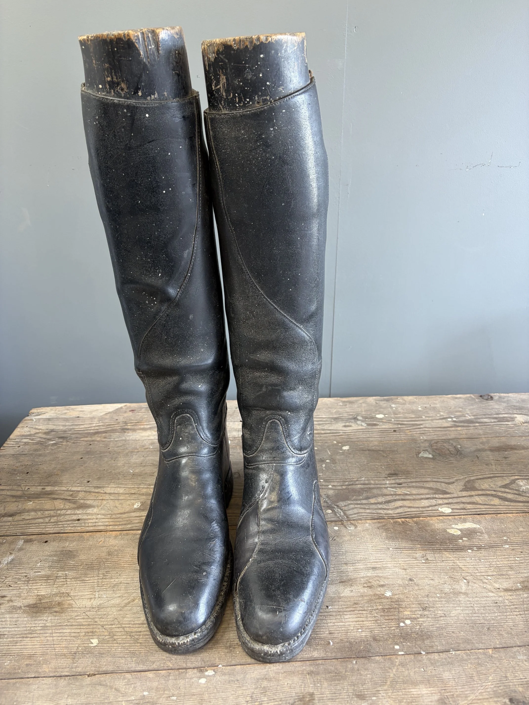 Vintage Black Leather Riding Boots with Wooden Trees/Shapers (Display)