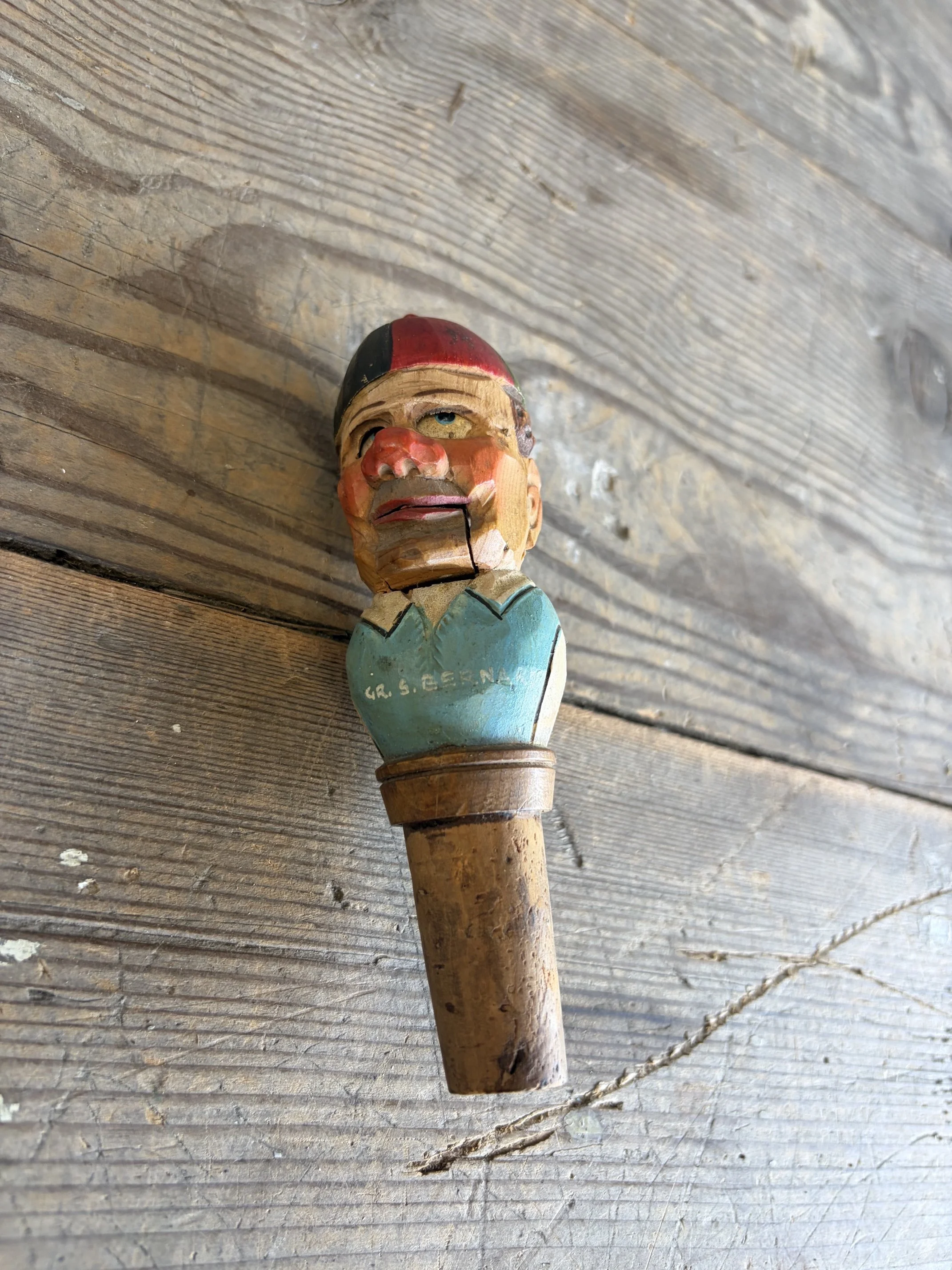 Vintage Mechanical Hand-Carved Wooden Bottle Stopper