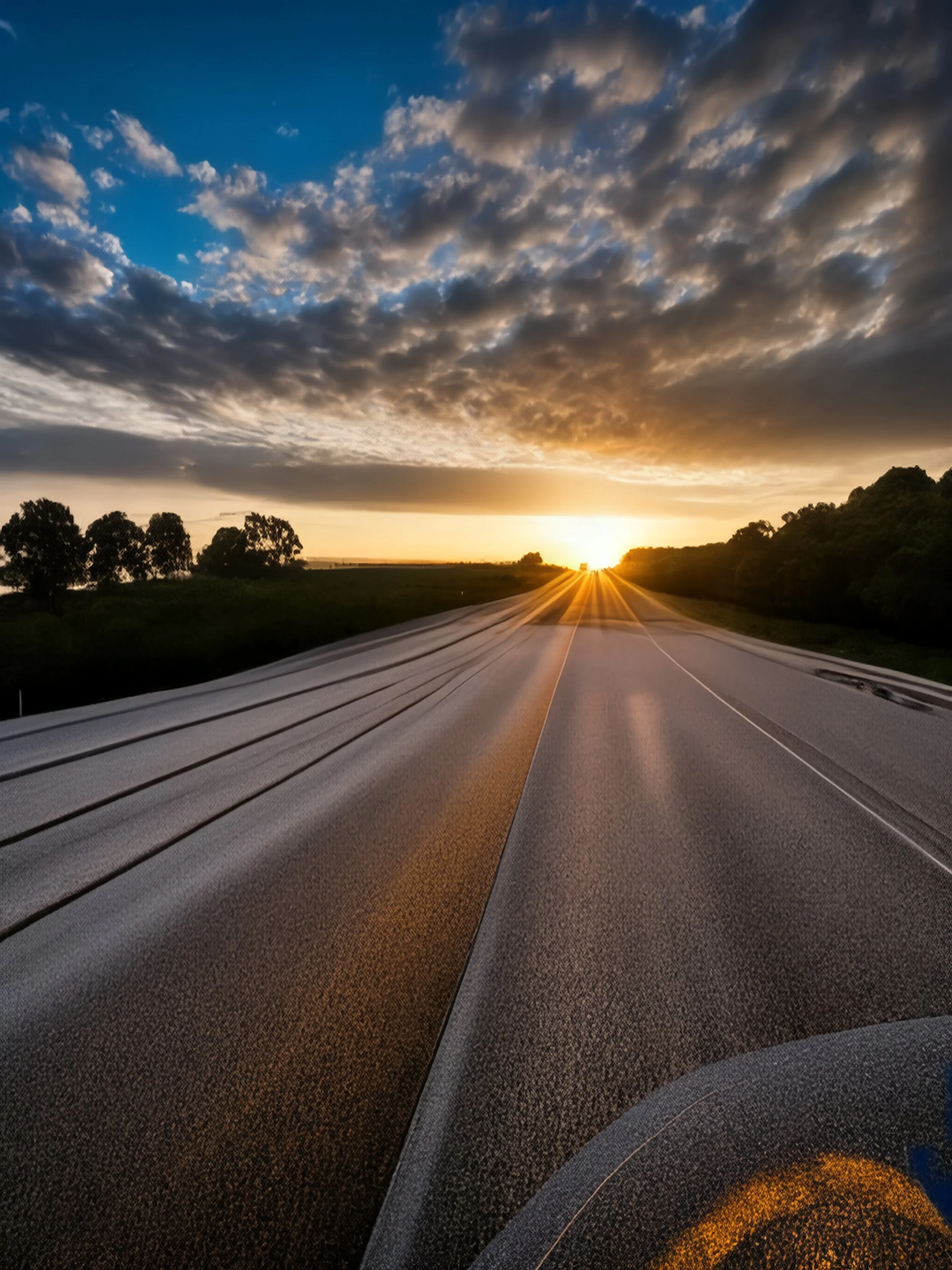 A long road at sunset with a dramatic sky filled with clouds.