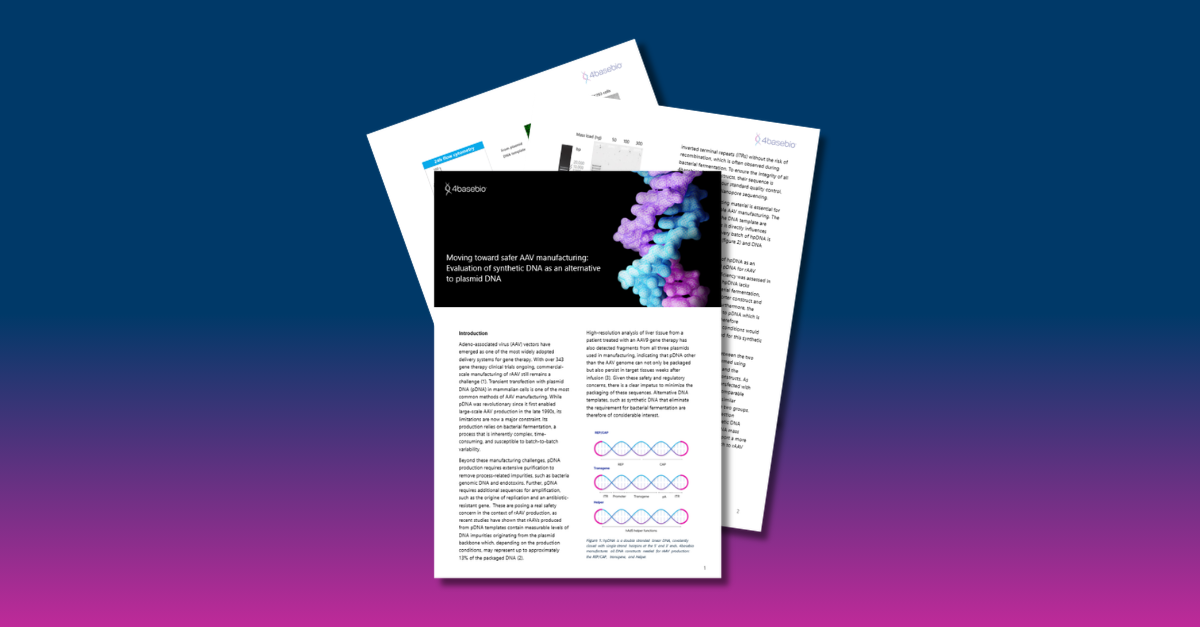 image with purple to pink gradient with three pages of an AAV whitepaper in the middle about synthetic DNA as a safer alternative to plasmid dna