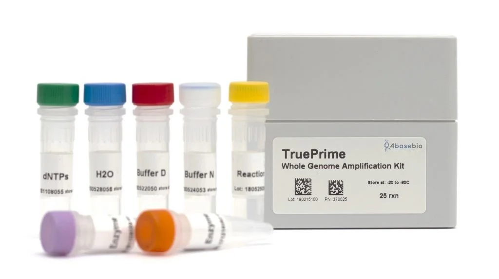 Laboratory kit with small vials labeled dNTPs, H2O, Buffer D, Buffer N, Reaction, and two additional vials, alongside a white storage box labeled TruePrime Whole Genome Amplification Kit, from 4basebio.