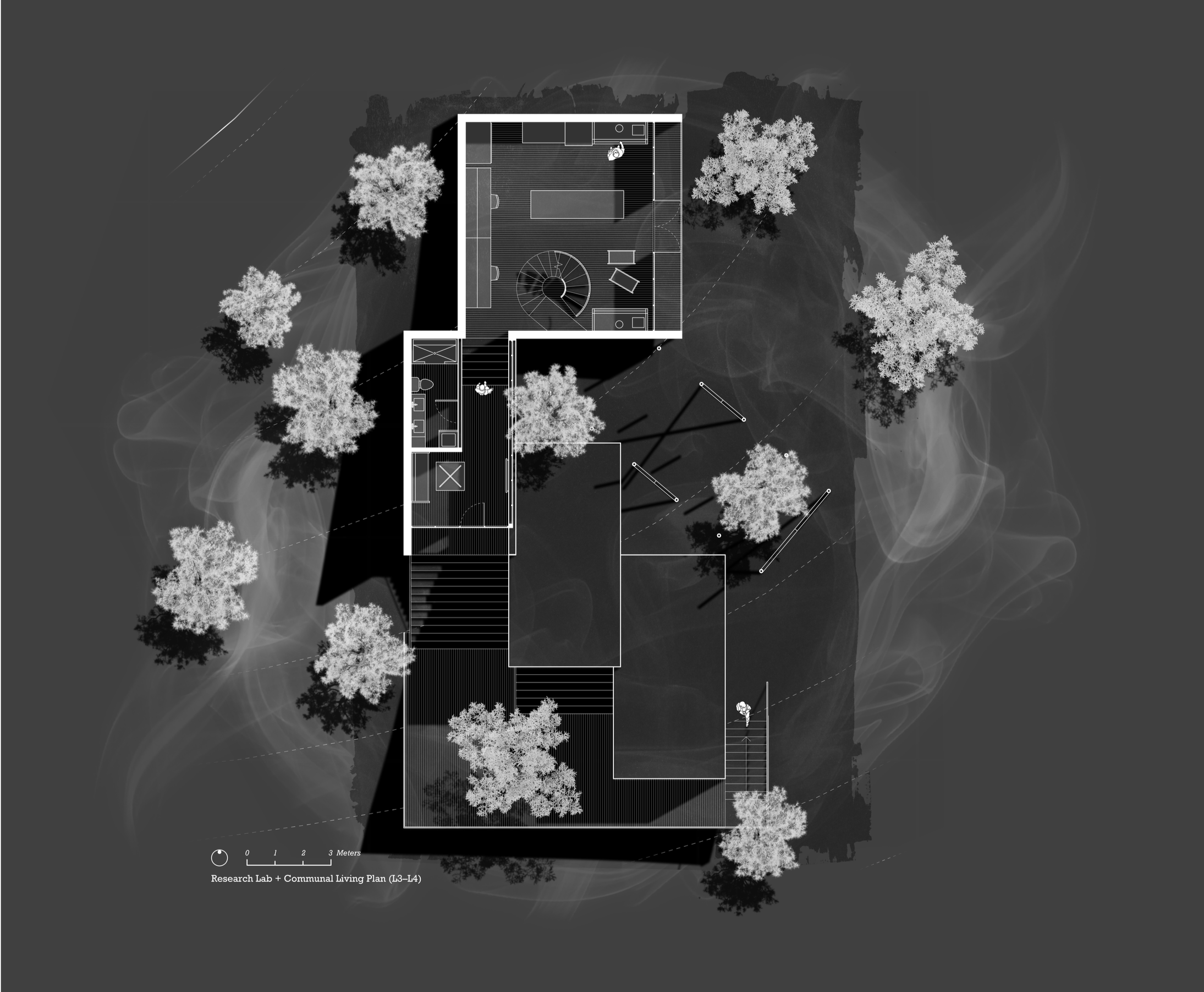 Research Lab + Communal Living Plan (L3–L4)