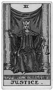 An illustration of the Justice tarot card featuring a crowned woman seated on a throne, holding a sword in her right hand and scales in her left. The word "JUSTICE" appears at the bottom.