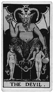 A tarot card titled 'The Devil' showing a horned goat-headed figure with wings, holding chains connected to two naked women.