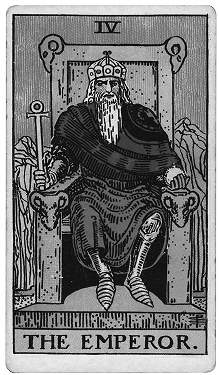 A black and white illustration of the Emperor tarot card, depicting a bearded man wearing a crown, seated on a throne with symbols of power and authority.