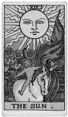 Black and white tarot card illustration titled 'The Sun' showing a smiling sun with rays shining down, a child riding a horse, and large leaves in the background.