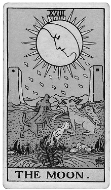 Tarot card titled 'The Moon' illustrating two wolves howling at a moon with a face, surrounded by a landscape of water, rocks, and two towers in the background.