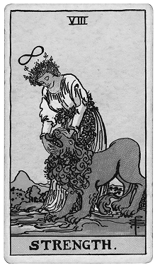 Strength tarot card showing a woman holding a lion's jaws open with her hands, with a calm scene behind her.