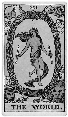 The World Tarot card, depicting a female figure with a snake around her waist, holding swords, inside a wreath, with celestial symbols above and a lion's head below.