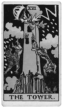 The Tower tarot card featuring a tall tower struck by lightning, with flames and falling figures, surrounded by dark clouds and lightning bolts.