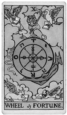 Illustration of the Wheel of Fortune tarot card, featuring a circular wheel with symbols and letters, surrounded by winged creatures and a central crest, with a cloud background.