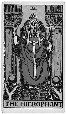 Black and white illustration of the Hierophant tarot card with a seated figure wearing a crown, holding a scepter in one hand and an external cross in the other, flanked by two columns and two followers.