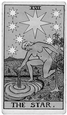 The Star tarot card features a nude woman kneeling by a pond, pouring water from two containers into the pond and onto the ground. Above her are seven large stars and two smaller stars, with a central large star, all set against a dark sky. The card is labeled "THE STAR" at the bottom.