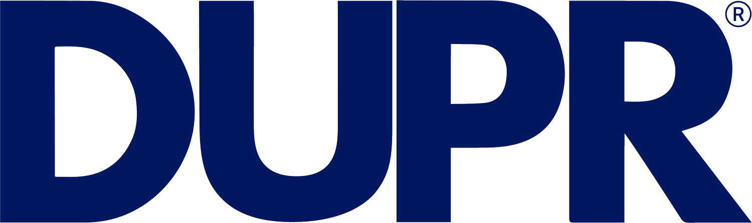Blue letters spelling "DUPR" with a registered trademark symbol.
