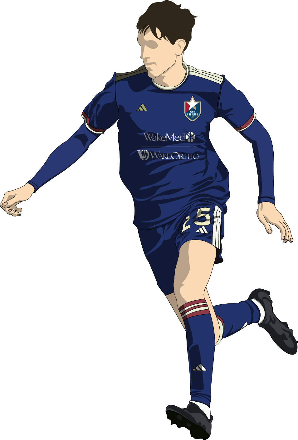 Digital illustration of a male soccer player in a blue uniform with the number 25, kicking a ball, with a North Carolina badge on his chest and sponsor logos.