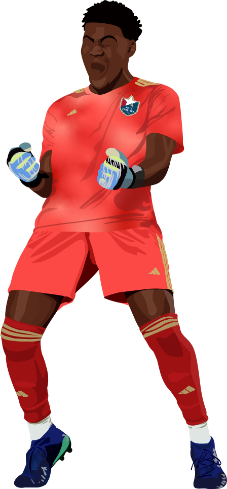Digital artwork of a male soccer player in a red uniform with gloves, standing with fists clenched. The uniform has a logo on the chest and gold accents, and the player is wearing blue shoes with white and green details.