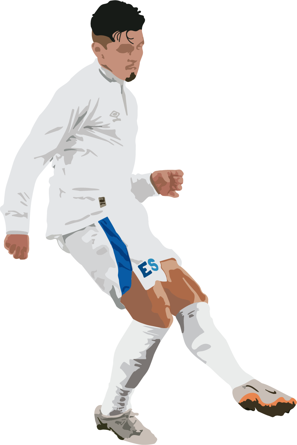 Young man in white sports uniform standing in a room with a brown desk and a cardboard box on the floor.