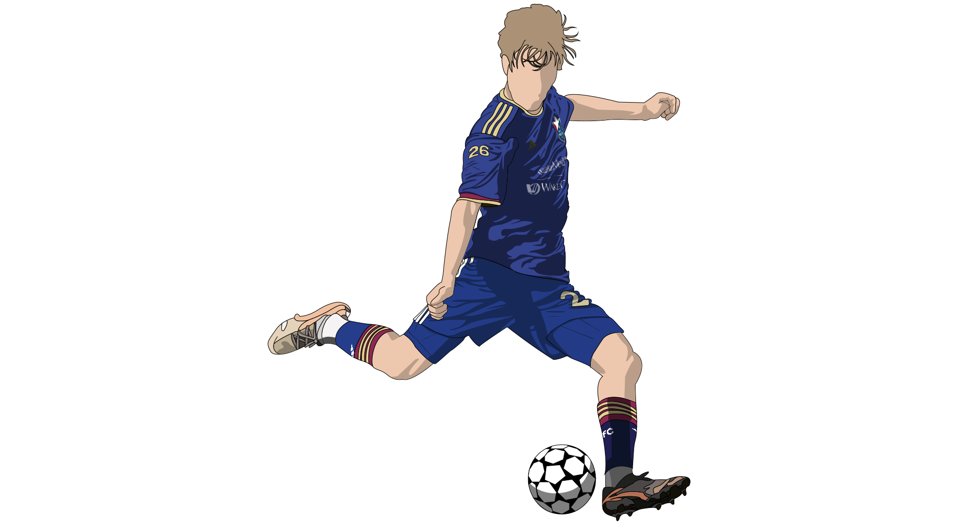 An animated illustration of a soccer player dressed in a blue uniform with the number 26, kicking a soccer ball.