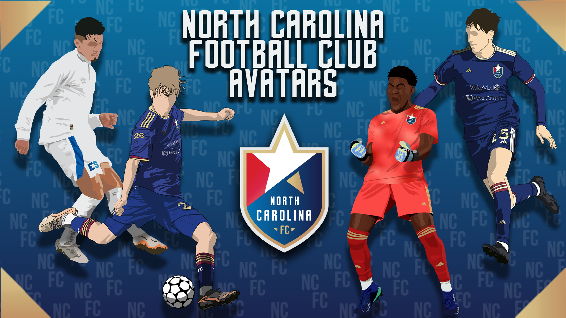 Digital illustration of four North Carolina FC soccer players in action, with the North Carolina FC logo and text reading 'North Carolina Football Club Avatars' in the background.