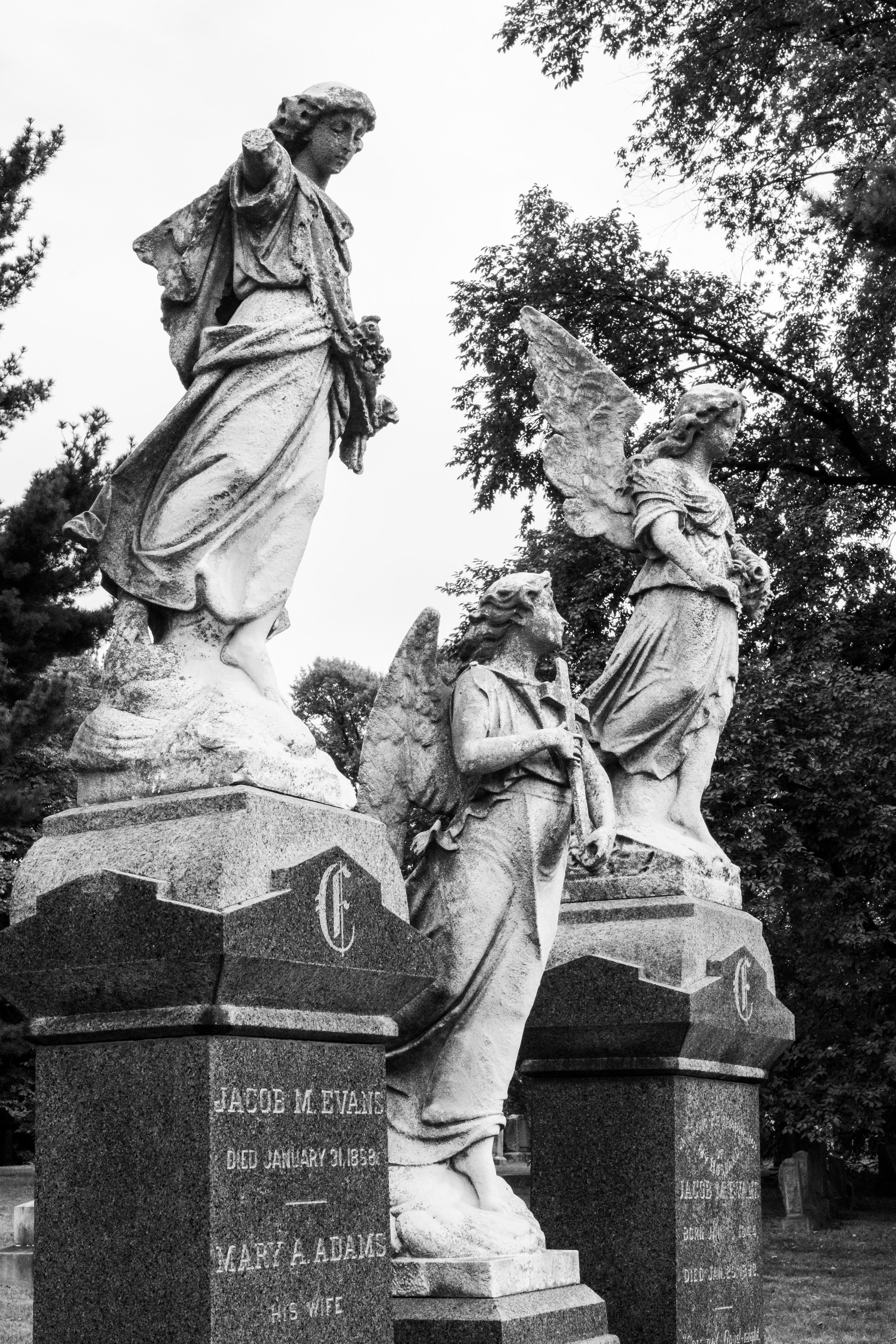 Black and white photograph of a cemetery with several stone statues of angels and religious figures. One prominent statue is of a woman in a flowing dress with wings, holding a bouquet of flowers, standing on a pedestal. There are other angel statues