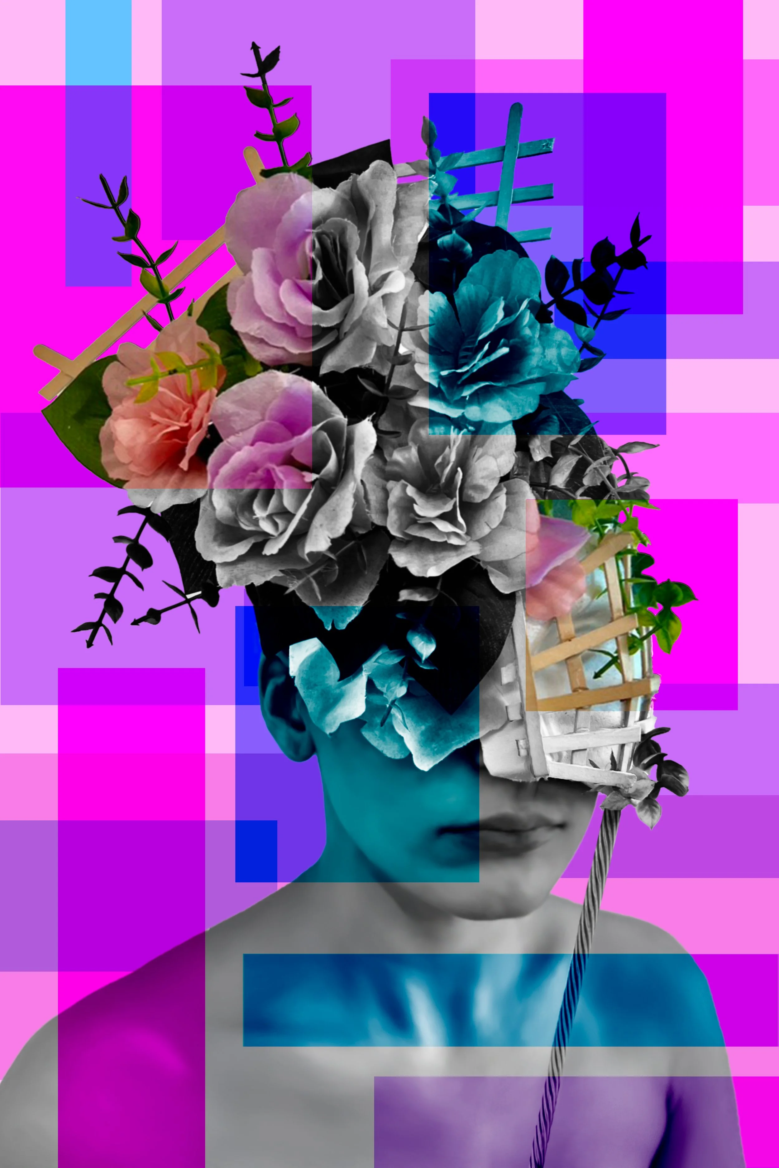 A black and white photograph of a woman with a collage of colorful flowers and abstract shapes overlaying her face and shoulder.