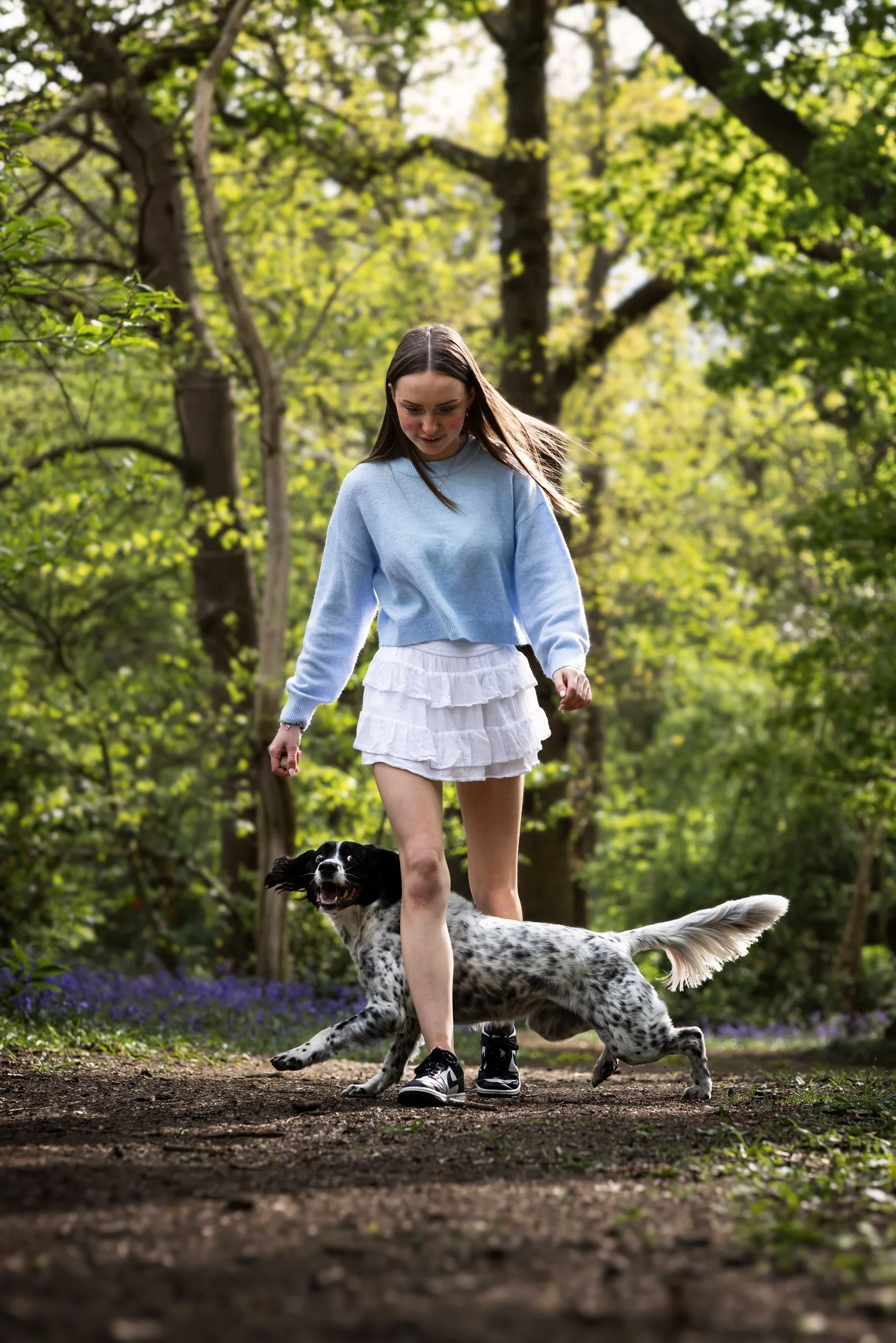 A young woman walking her dog on a forest trail during daytime. The woman is wearing a light blue sweater, a white ruffled skirt, and sneakers. The dog is running happily beside her, a black and white spaniel with a joyful expression.