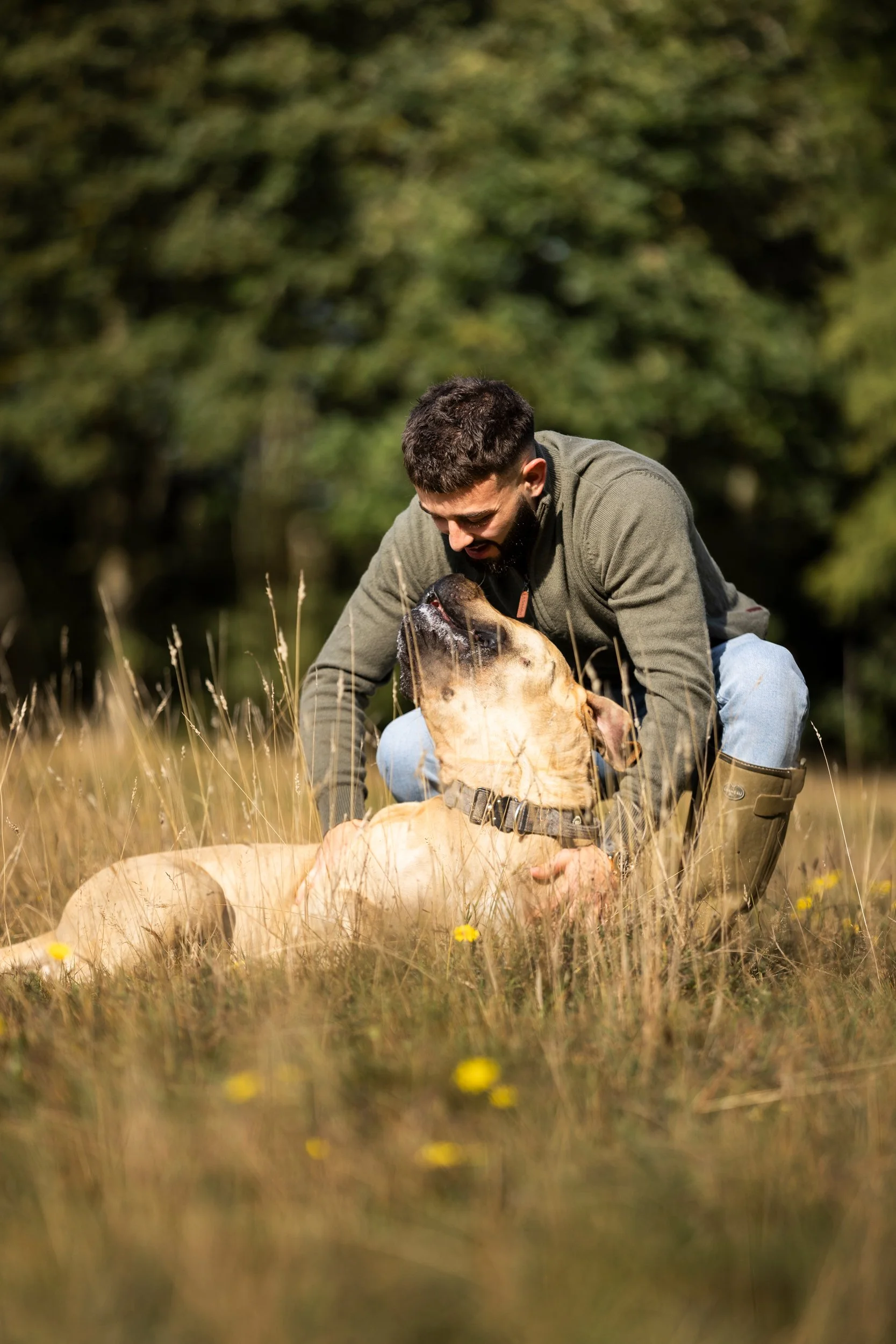 A man and a dog playing together in a field with tall grass and yellow flowers, surrounded by trees in the background.