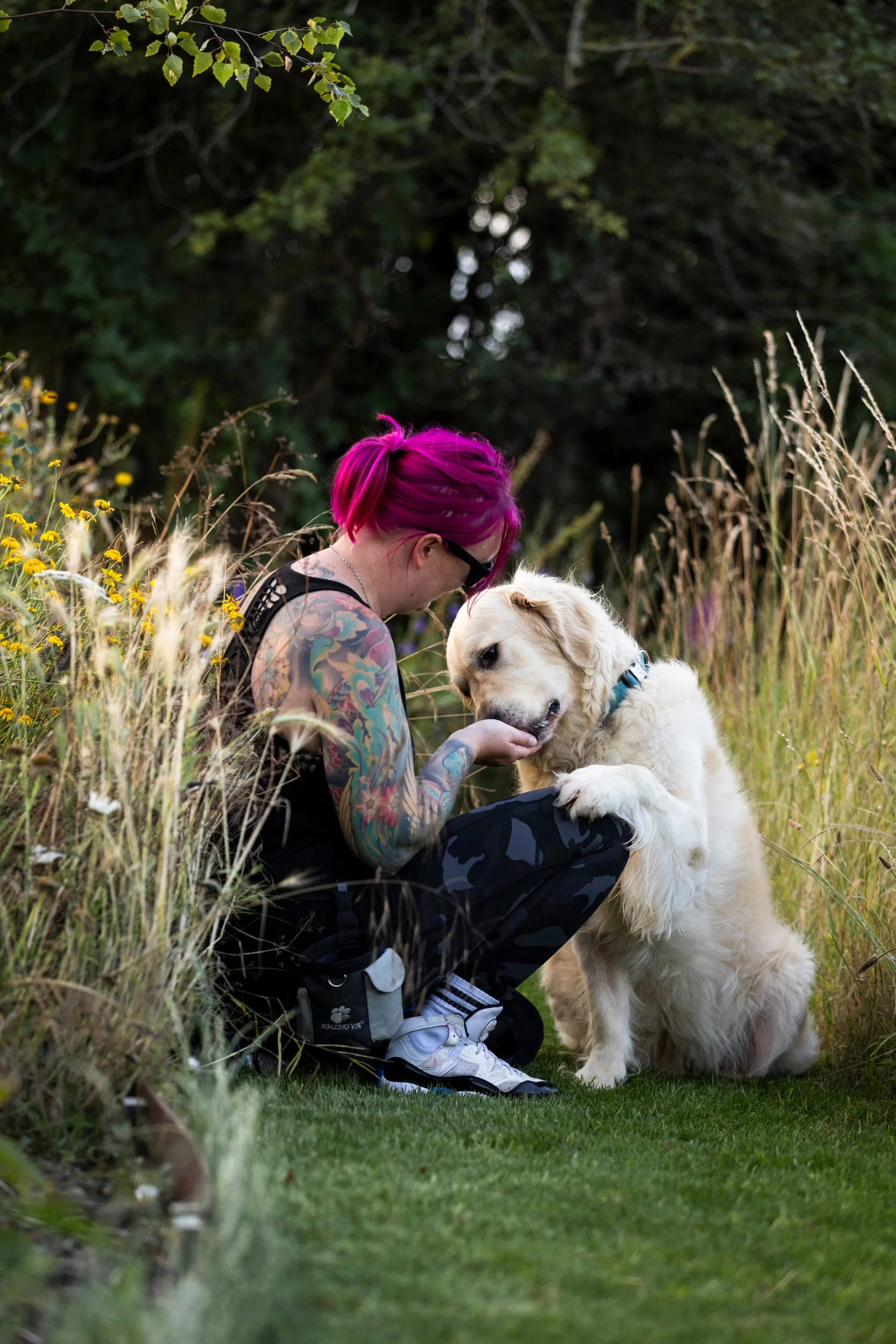 A woman with bright pink hair and tattoos kneeling in a grassy outdoor area, gently touching a large, fluffy golden retriever dog that is sitting beside her amidst tall grass and wildflowers.