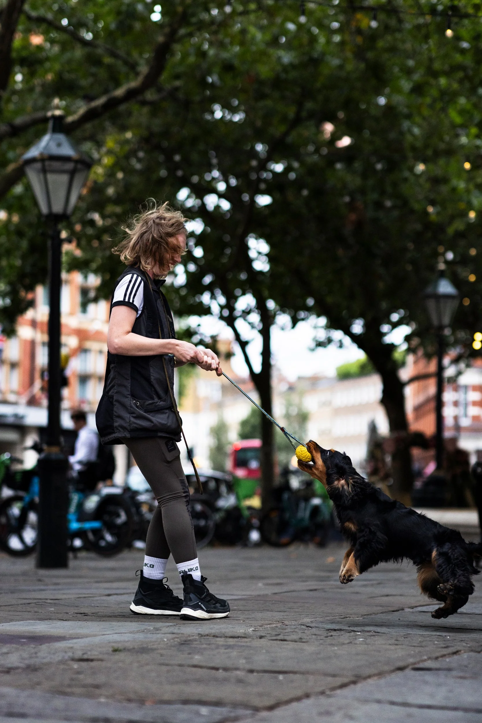 A person with short hair playing fetch with a dog in a park or outdoor area with trees and lamp posts.