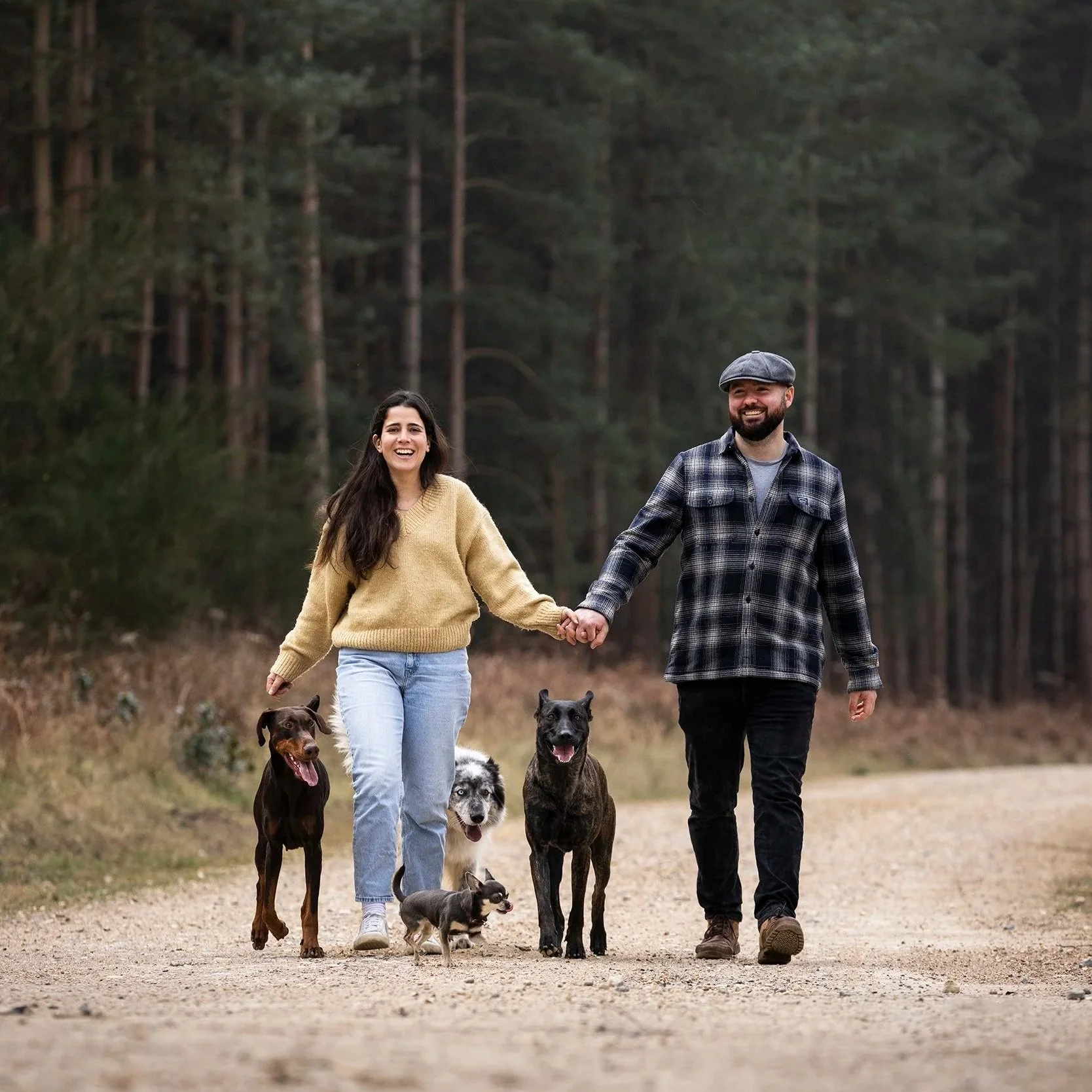 A happy couple walking with four dogs in a forested area.