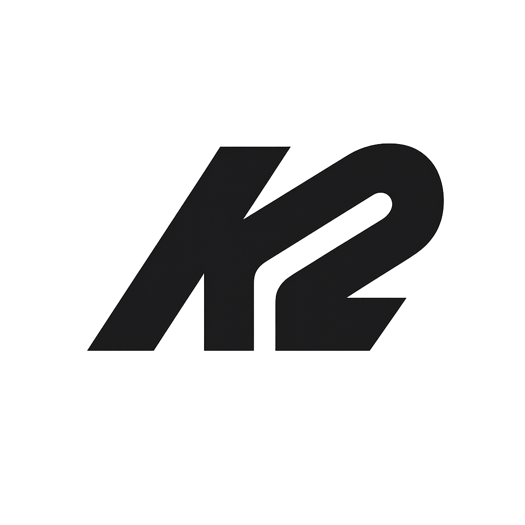 Schwarzes K2-Logo auf grauem Hintergrund