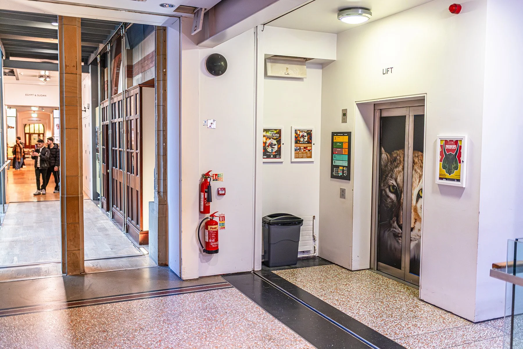 The lobby area at the entrance to Living Worlds in Manchester Museum, showing the lift and bridge to the Egypt and Sudan gallery.