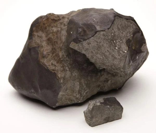 Close-up of a large, rough, grayish-brown stone with a smaller fragment in front of it, set against a plain white background.