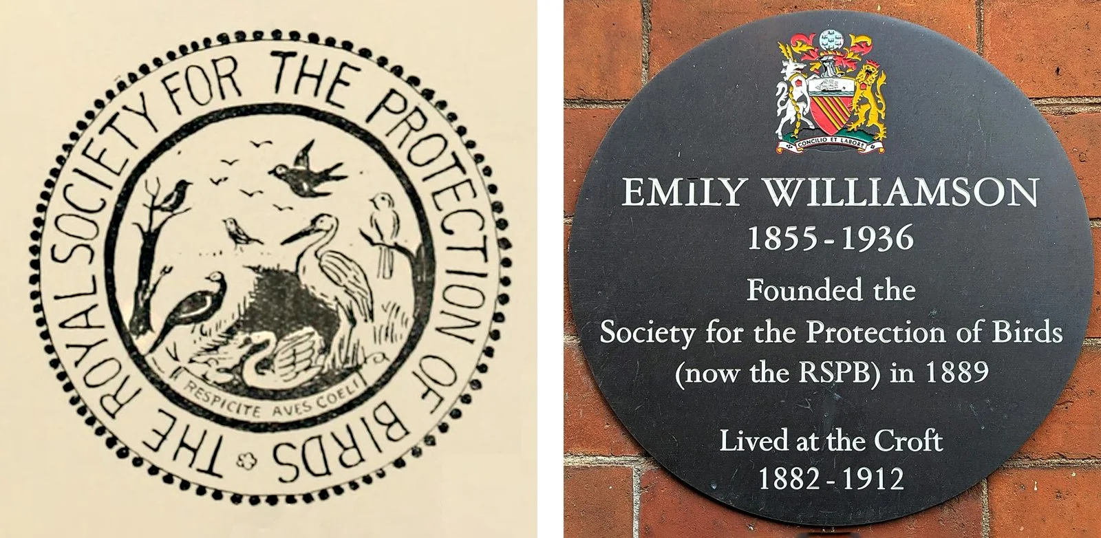 A logo showing a black and white image of birds surrounded by the words 'The Royal Society for the Protection of Birds' arranged in a circular shape. On the right is a plaque commemorating Emily Williamson.