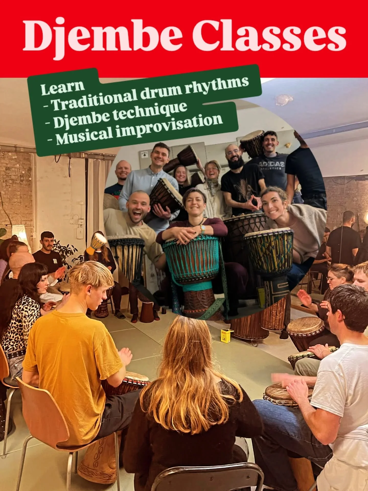 Join our Copenhagen djembe class and learn west African percussion.

Have you always wanted to learn to play an instrument? Something groovy that can get people moving?

Learn to play the djembe.

Having fun and connecting with great people all the w