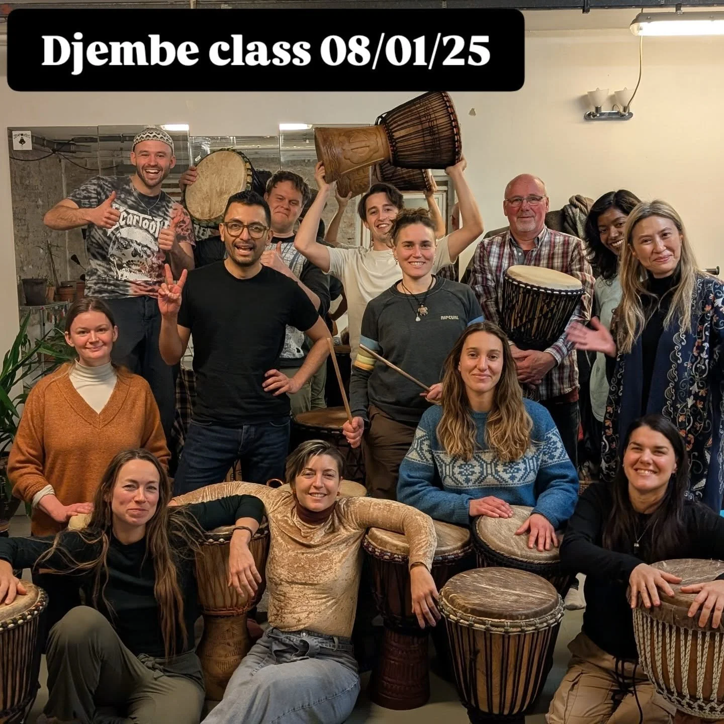 We're back to practice after a Christmas holiday and
I couldn't be happier with the way the group is growing.

Through rhythm we practice presence. Entering a state of collective flow. To connect deeper to ourselves and each other.

If you want to jo
