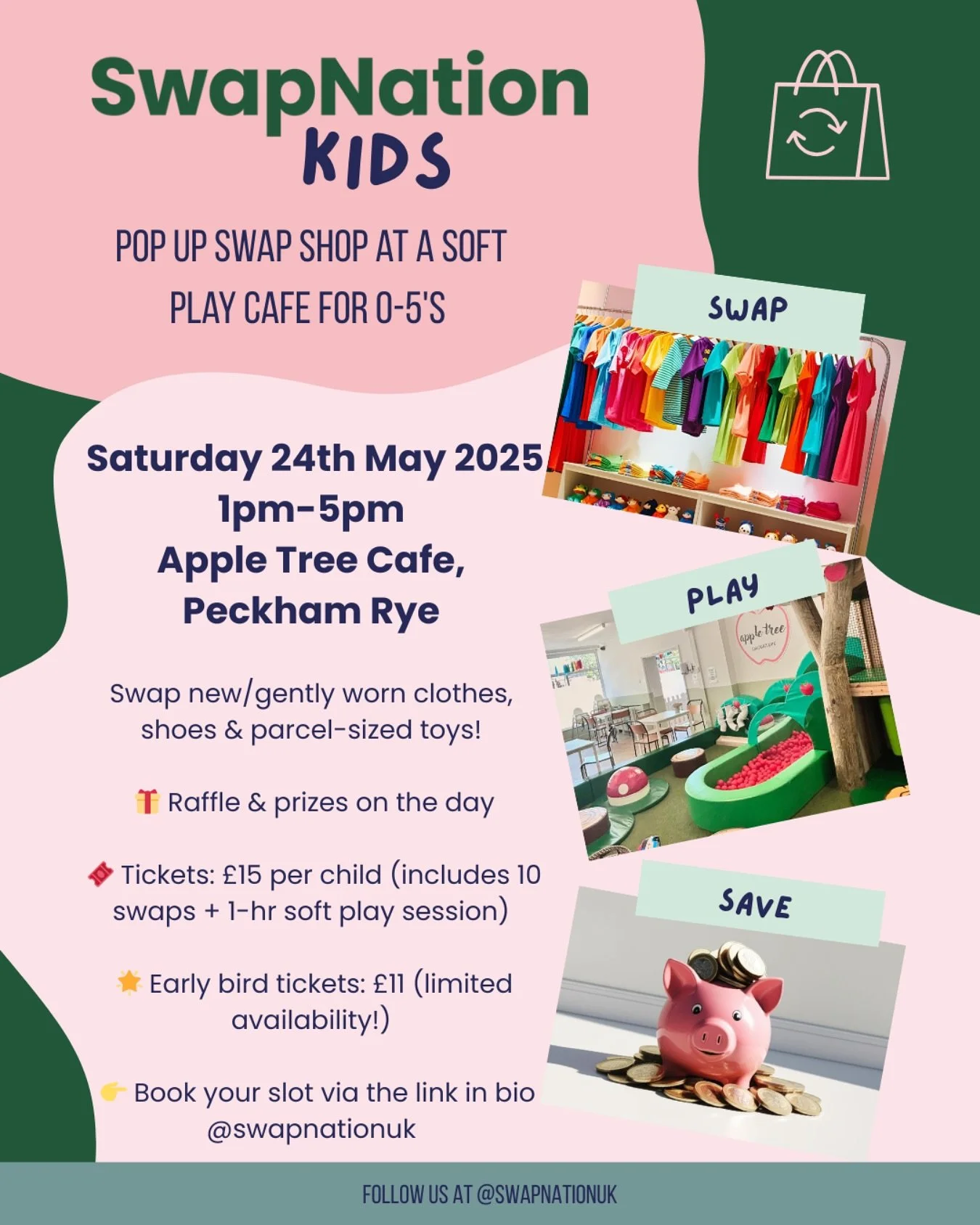 Swap, Play, Save! 🎉

🗓️ Saturday 24th May | 1&ndash;5pm
📍 Apple Tree Caf&eacute;, Peckham Rye

Swap clothes, shoes &amp; toys for under 5&rsquo;s while your little ones enjoy soft play! 🎈

🎟️ &pound;15 per child (includes 10 swaps + 1-hr soft pl