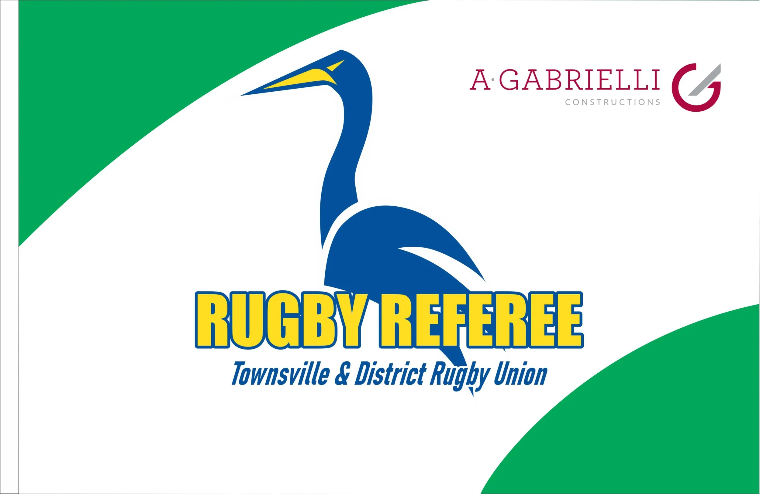 Logo for Rugby Referee, Townsville & District Rugby Union with a stylized blue and white bird and text in yellow and blue, with additional smaller logos and text in the top right corner.