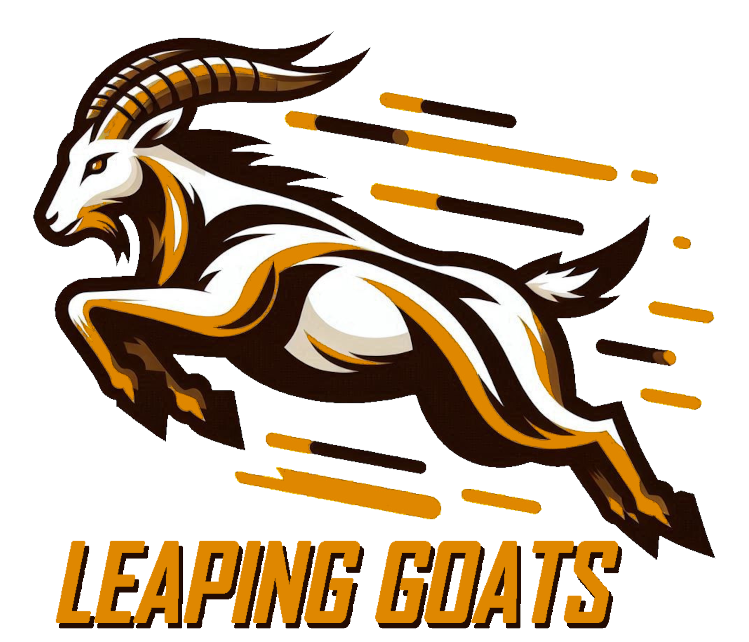 A stylized illustration of a leaping goat with brown, white, and gold accents, accompanied by the text 'LEAPING GOATS' below.