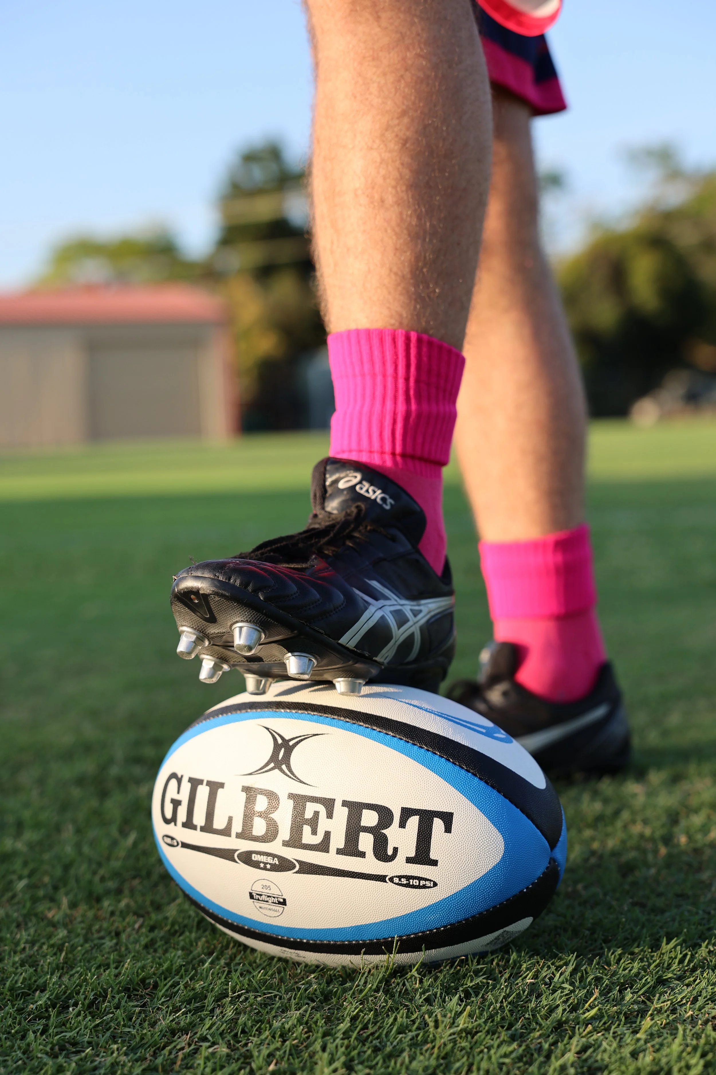 Rugby player standing on grass field with one foot on a rugby ball, wearing black cleats, pink socks, and rugby uniform shorts.