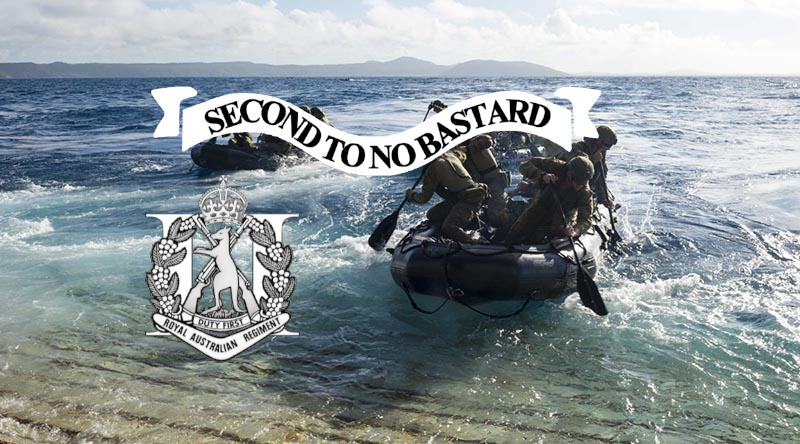 Australian soldiers in a rubber boat on the water with a banner reading 'Second to No Bastard' and a military badge of the Royal Australian Regiment.