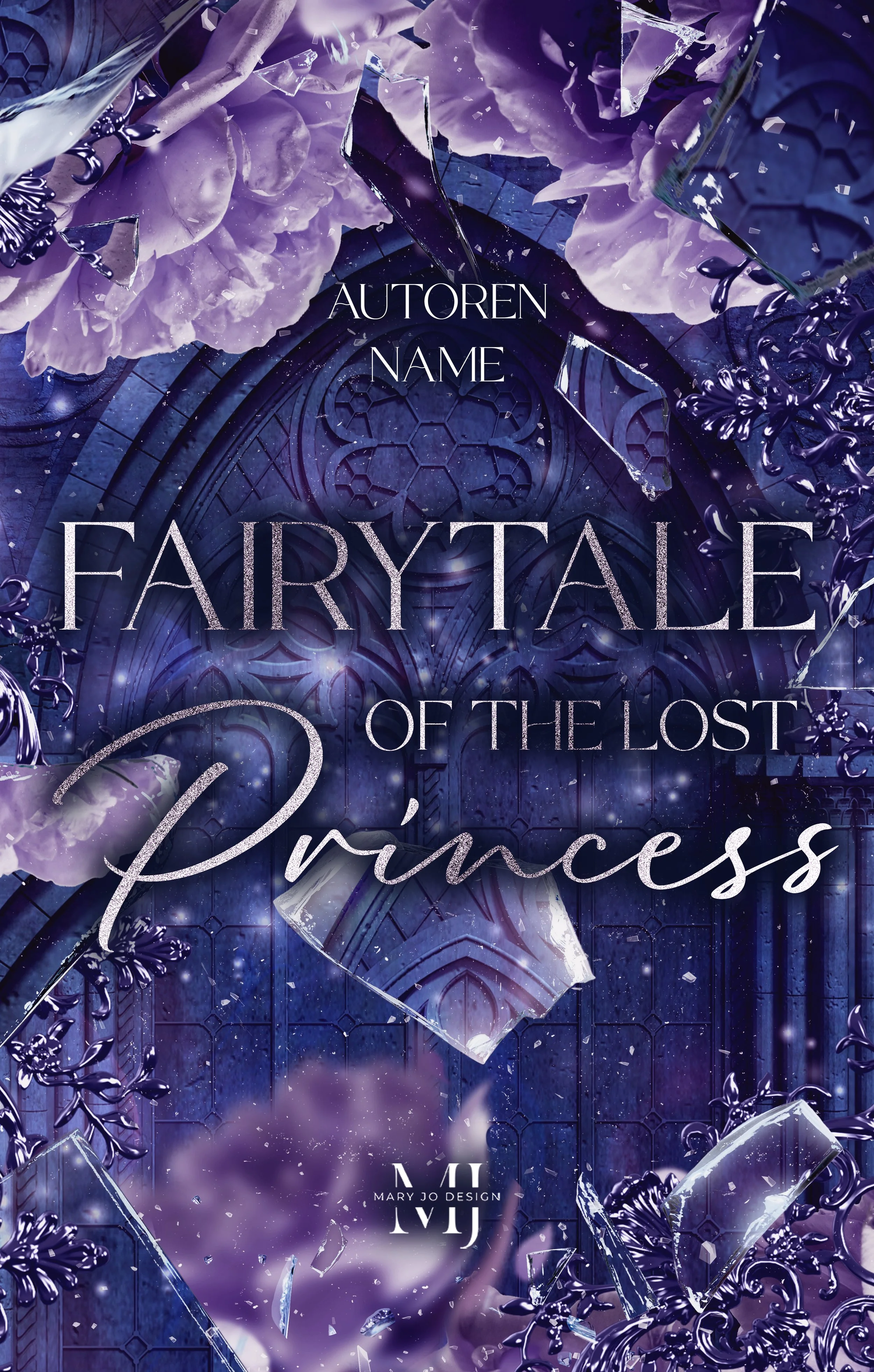 Ein magisches Premade Cover für Romantasy, Fantasy und Märchen Retellings. Dunkle Blau-lila-töne, zerbrochenes Glas und königliche Elemente schaffen eine geheimnisvolle, märchenhafte Atmosphäre.