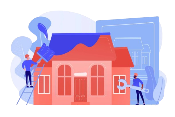 Illustration of two people working on a house with a blueprint background, one holding a paintbrush and the other holding a wrench, representing home improvement or construction.