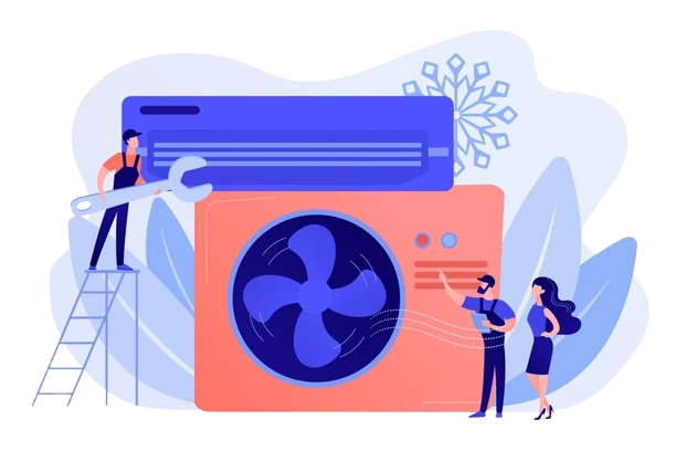 Illustration of two women and one man repairing an air conditioning unit with tools, with snowflake and winter themes in the background.
