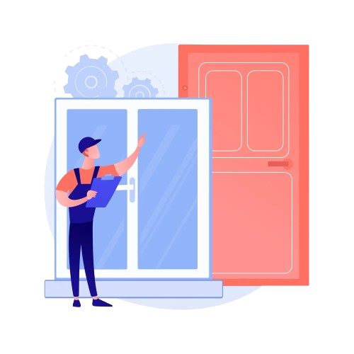 Illustration of a technician inspecting a glass door with a clipboard in hand, standing in front of a red refrigerator.