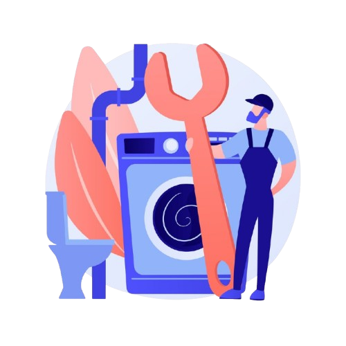 A person in overalls and a cap standing next to a washing machine, holding a large wrench, with a laundry sink and abstract leaf shapes in the background.