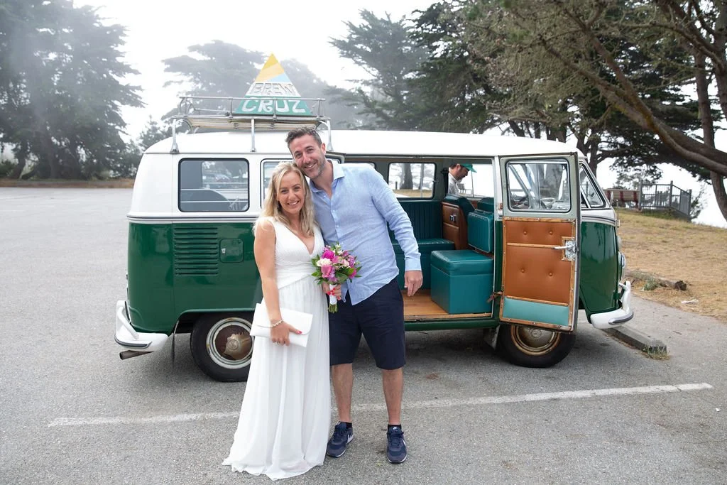 Bride and Groom with a VW Bus elopement at the beach