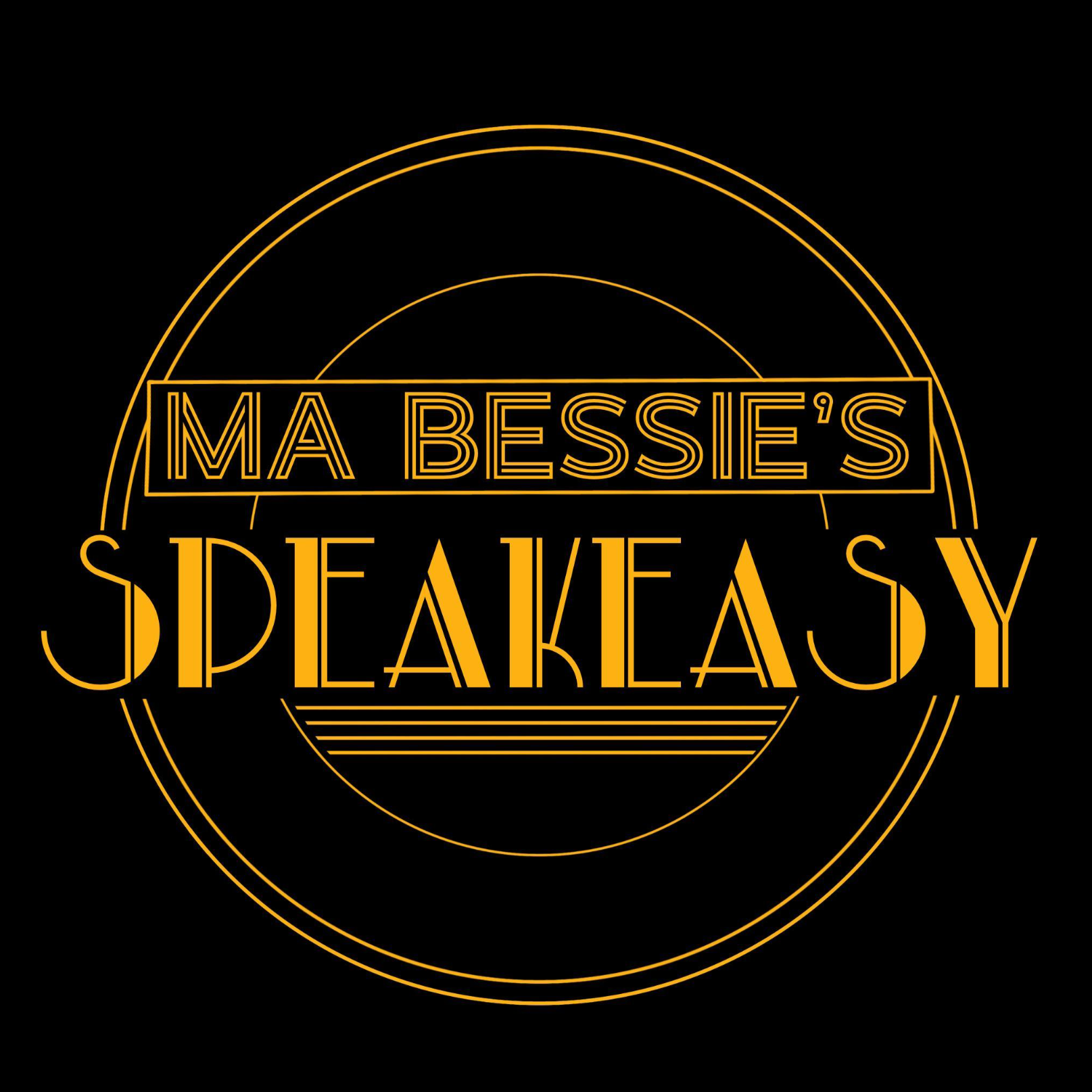 Neon sign with the text "Ma Bessie's Speeakasy" in stylized yellow font on black background.