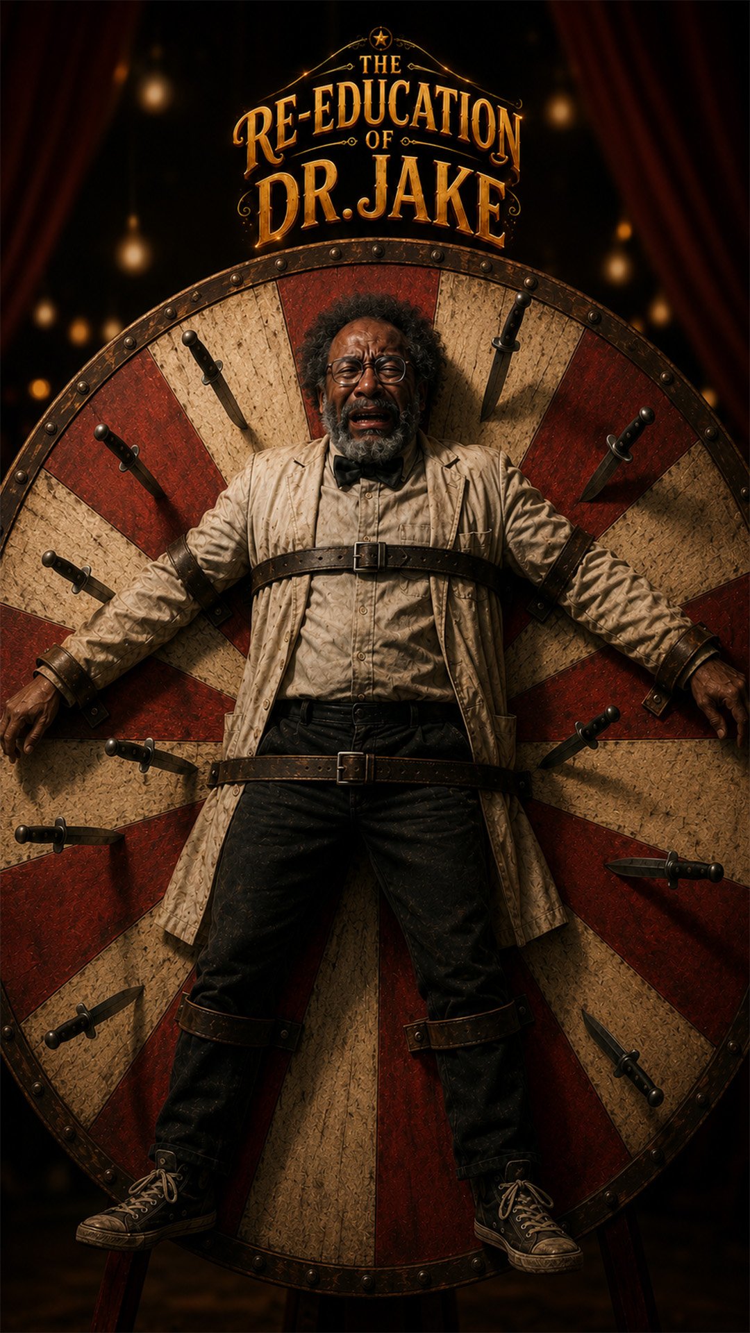 The Re-Education of Dr. Jake, a horror-dramedy series from The Circus of Want, featuring a man strapped to a circular carnival target board beneath an illuminated sign.