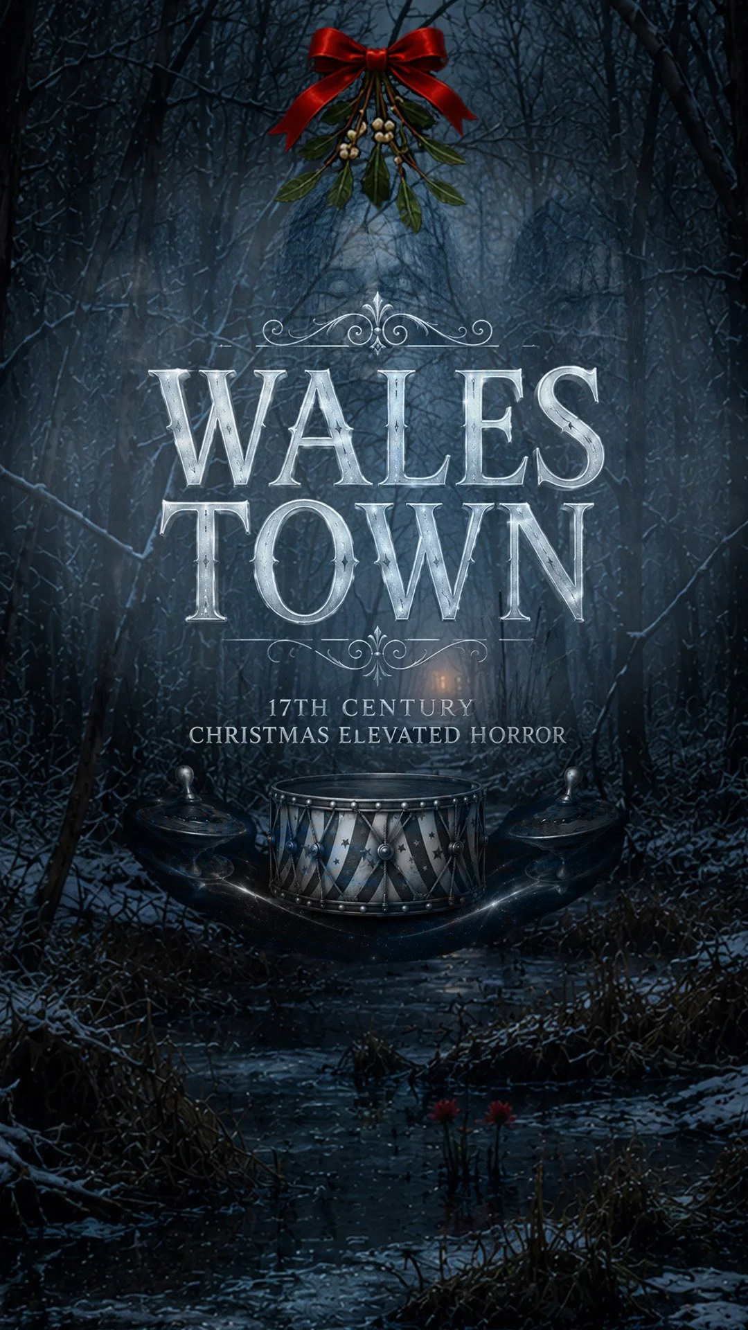 Wales Town, an elevated Christmas folk-horror series from The Circus of Want, featuring a dark, wintry bog in eerie blue-gray tones, with a sprig of red-berried mistletoe above the title.